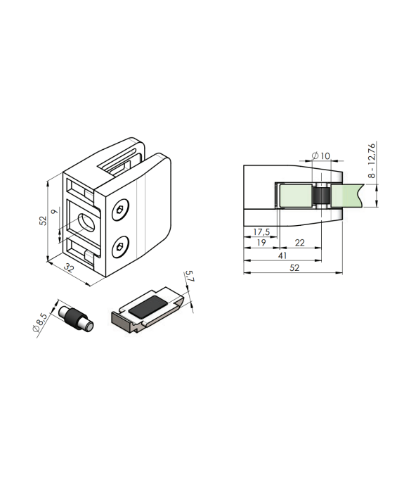 Uchwyt do szkła 52x52x32 mm do profilu z podporą - satyna