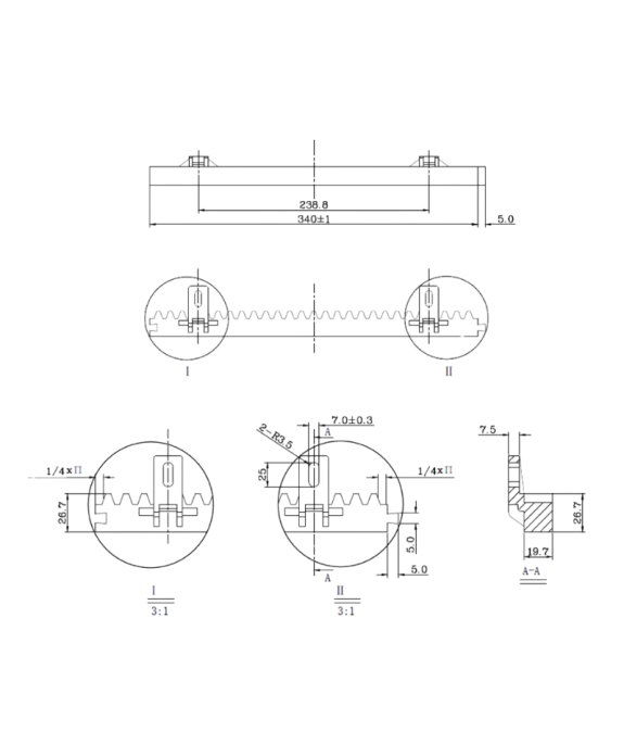 Listwa zębata z tworzywa sztucznego z rdzeniem stalowym w 3 odcinkach 333 mm