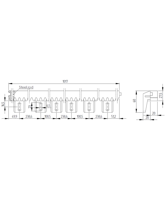 Listwa zębata z tworzywa L1000 x 20 mm ze śrubą i podkładka montażową
