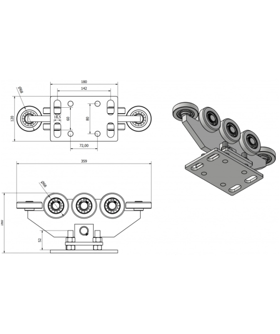 Zestaw wózków metalowych 8 rolkowych z akcesoriami do profilu 80x80