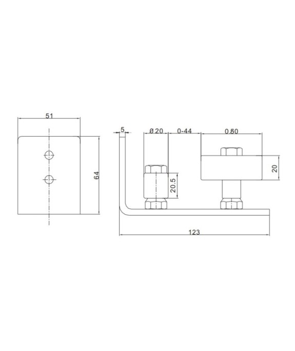 Prowadnik dolny do drzwi przesuwnych o grubości do 44 mm typu Barn Door