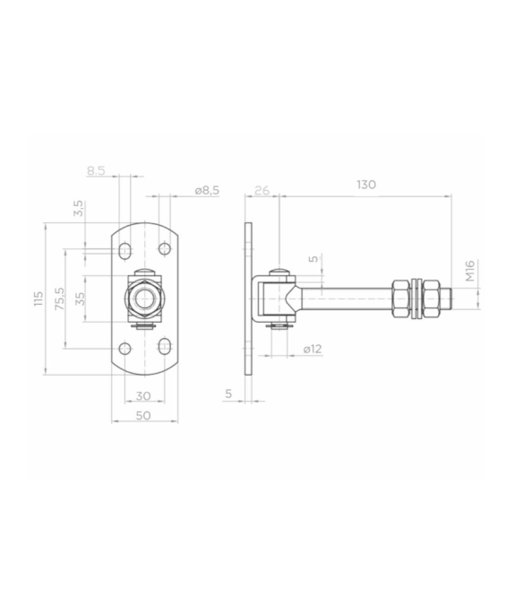 Zawias regulowany z szyldem 50x115 mm x M16