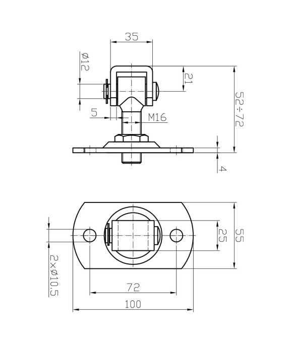 Zawias regulowany M16 z szyldem 100x55 mm, ocynkowany