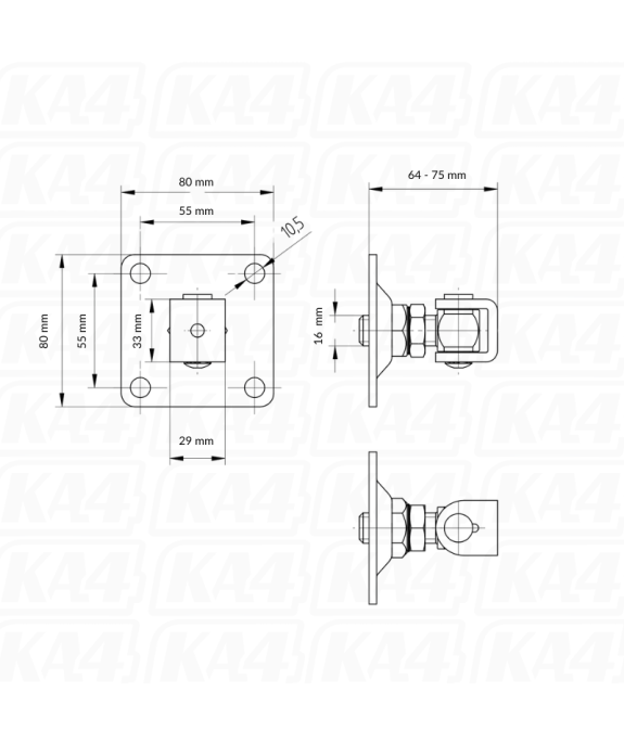 Zawias regulowany z płytką montażową M16 / L80x80