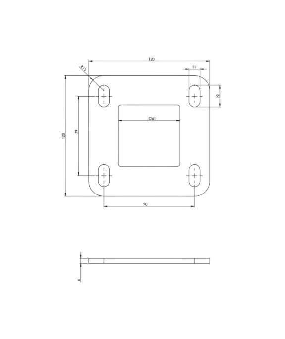 Płytka montażowa stalowa 120x120 mm, otwór 60x60 mm, do słupków i profili