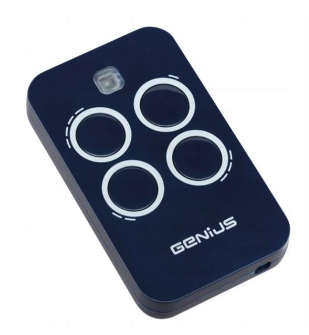 Pilot zdalnego sterowania Genius o prostokątnym kształcie i czarnej obudowie, wyposażony w cztery zaokrąglone, wyraźnie zaznaczone przyciski oraz diodę LED na górze.