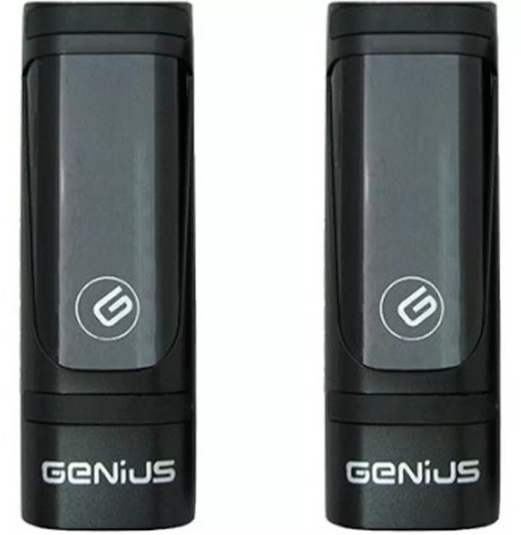 Para czujników podczerwieni Genius o zwartym, podłużnym kształcie i czarnej obudowie, z logo Genius na dole każdego urządzenia, stosowane do wykrywania przeszkód.