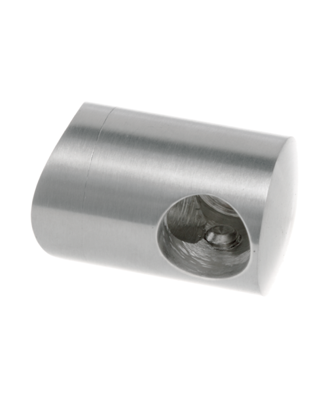 Metalowy, cylindryczny element z zaokrąglonym końcem, o gładkiej, szczotkowanej powierzchni ze stali nierdzewnej, zawierający wydrążenie o kształcie nieregularnym w ścianie bocznej, wewnątrz którego widoczny jest gwintowany otwór.