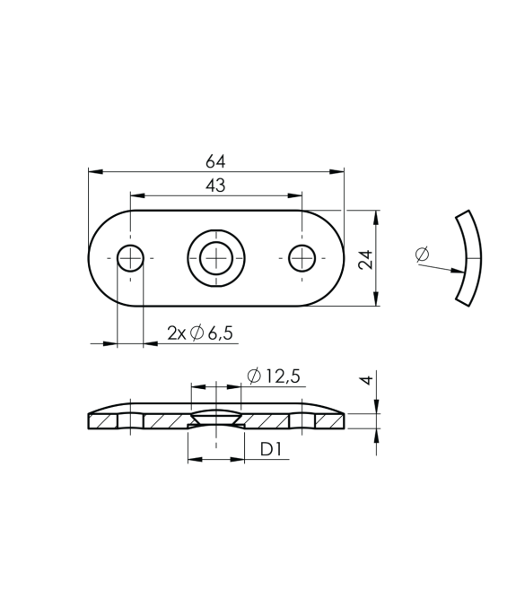 Blaszka montażowa poręczy 64x24x4mm do rury fi 42,4 satyna