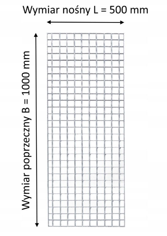 Obraz przedstawia schematyczny, prostokątny fragment kratownicy stalowej o wymiarach 500 mm długości nośnej oraz 1000 mm szerokości poprzecznej, z równomiernie rozmieszczonymi kwadratowymi oczkami.