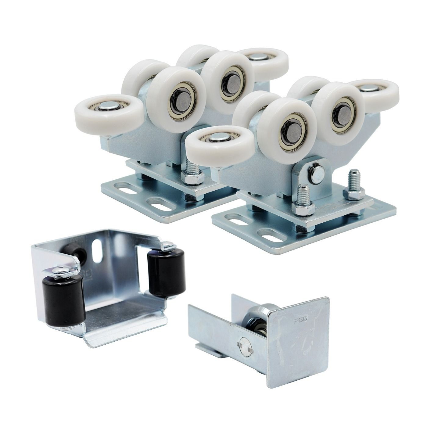 Na pierwszym zdjęciu widoczny jest zestaw metalowych elementów do systemu przesuwnego, składający się z dwóch metalowych podstaw z czterema białymi kółkami łożyskowymi każda oraz dwóch dodatkowych metalowych elementów z czarnymi rolkami i pojedynczym małym kółkiem.