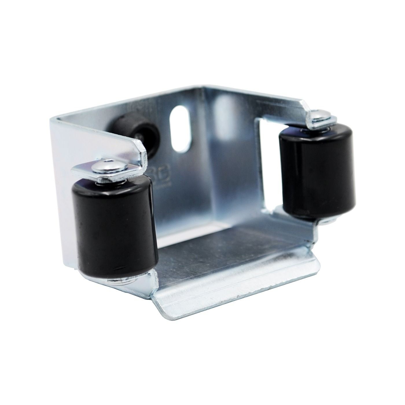 Na czwartym zdjęciu znajduje się zbliżenie na metalowy element w kształcie kątownika z dwoma czarnymi, gumowymi rolkami zamontowanymi po bokach w górnej części elementu, przeznaczony do prowadzenia wózka przesuwnego.