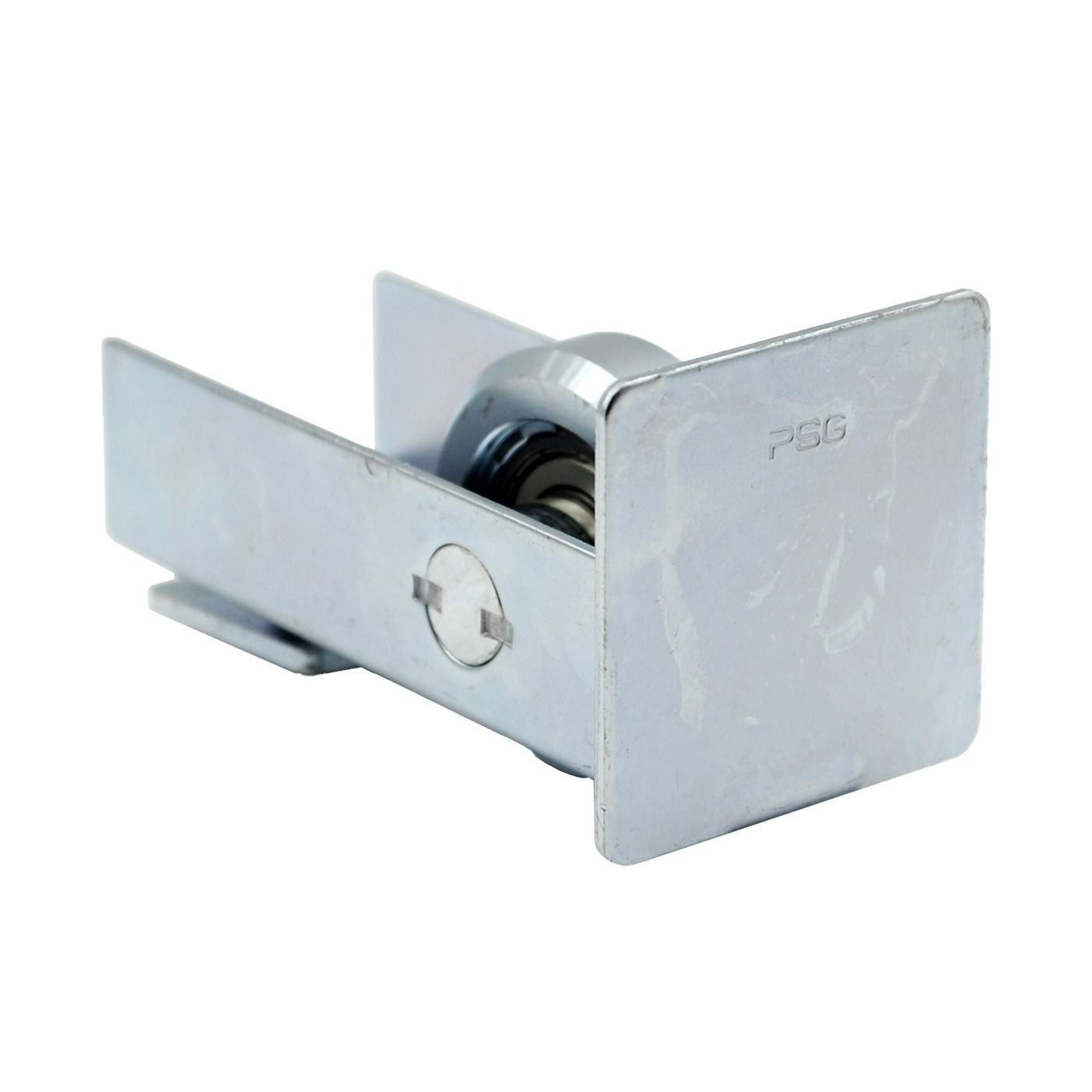 Piąte zdjęcie przedstawia oddzielny metalowy element z jedną łożyskowaną rolką na osi i prostokątną metalową płytą z napisem 'PSG' na froncie, ze szczeliną umożliwiającą montaż w systemie przesuwnym.