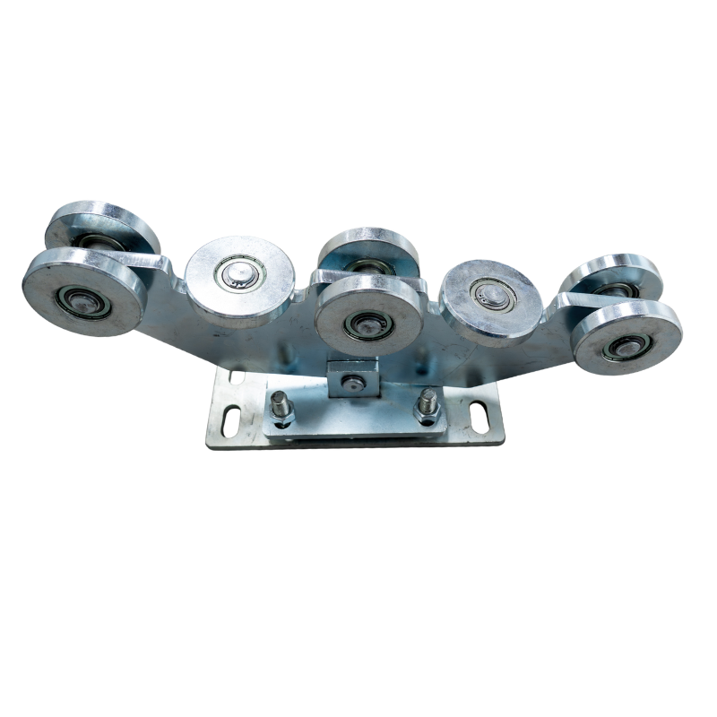 Metalowa konstrukcja jezdna z ośmioma metalowymi kołami łożyskowymi zamontowanymi po cztery z każdej strony, na podstawie stalowej z dwoma śrubami do montażu.