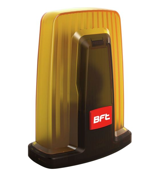 Pomarańczowa lampa sygnalizacyjna do automatyki bram, osadzona na czarnym podstawie z logo BFT umieszczonym centralnie z przodu.