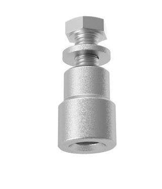 Metalowy element składający się z sześciokątnej nakrętki, podkładki i cylindra o średnicy 20 mm oraz wysokości około 25 mm, wykonany z aluminium lub stali o jasnym odcieniu.