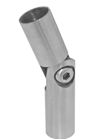 Metalowy przegub rurowy z dwoma cylindrycznymi elementami połączonymi śrubą sześciokątną, umożliwiający regulację kąta między rurkami o średnicy około 12-14 mm.
