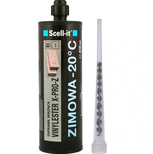 Czarny kartusz o pojemności 410 ml marki Scell-it zawiera zaprawę wypełniającą winylester X-PRO-Z przeznaczoną do stosowania w temperaturach do -20°C, z wyraźnie zaznaczonym napisem 'ZIMOWA -20°C'. Obok kartusza znajduje się przezroczysta, stożkowa mieszadło spiralne do aplikacji zaprawy.