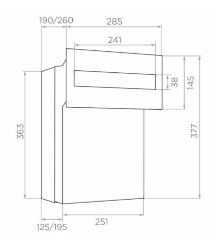 Na pierwszym rysunku technicznym widoczny jest projekt skrzynki na listy wraz z wymiarami głębokości 190/260 mm i szerokości 285 mm, z szerokim otworem do wrzucania korespondencji o długości 241 mm i wysokości 38 mm. Całkowita wysokość obiektu wynosi 377 mm, z wyraźnie zaznaczonymi wymiarami bocznymi oraz przednim panelem o wysokości 145 mm.