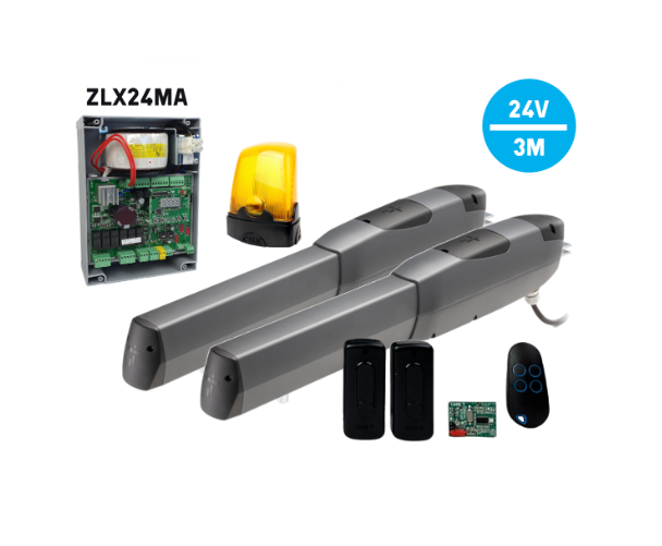 W zestawie znajdują się dwa siłowniki elektromechaniczne do bram skrzydłowych o napięciu 24V i max długości skrzydła 3 metry, centrala sterująca z przewodami, dwie czarne fotokomórki bezpieczeństwa, czteroprzyciskowy pilot zdalnego sterowania oraz żółta lampa sygnalizacyjna na czarnej podstawie.