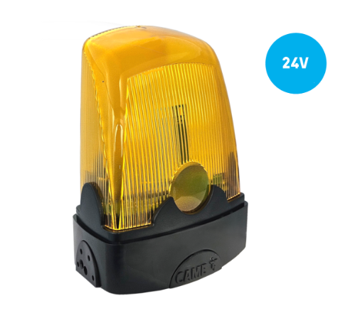 Żółta lampa sygnalizacyjna na czarnej podstawie, używana do sygnalizacji działania automatyki bramowej, napięcie 24V zaznaczone na niebieskim tle na zdjęciu.