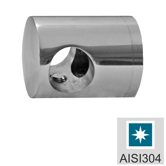 Metalowy element cylindryczny wykonany ze stali nierdzewnej AISI 304 o wysokim połysku, posiadający okrągły otwór przelotowy z gwintowanym kanałem oraz niewielką śrubę mocującą wewnątrz otworu, co sugeruje jego zastosowanie jako złącze lub mocowanie.
