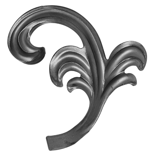 Na zdjęciu przedstawiony jest metalowy ornament o kształcie stylizowanego liścia z trzema wypukłymi zakrzywieniami i delikatnym połyskiem, przemalowany na ciemnoszary kolor. Ornament ma charakter dekoracyjny, prawdopodobnie służy jako element ozdobny na meblach lub architekturze.