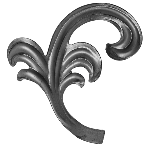 Na obrazku widoczny jest metalowy element ozdobny w kształcie stylizowanego liścia z trzema mniejszymi zakrzywionymi odgałęzieniami po lewej stronie oraz większą, grubszą, spiralnie zawiniętą częścią po prawej stronie. Całość ma gładką, czarną powierzchnię z delikatnym połyskiem oraz widocznymi śladami obróbki metalowej.