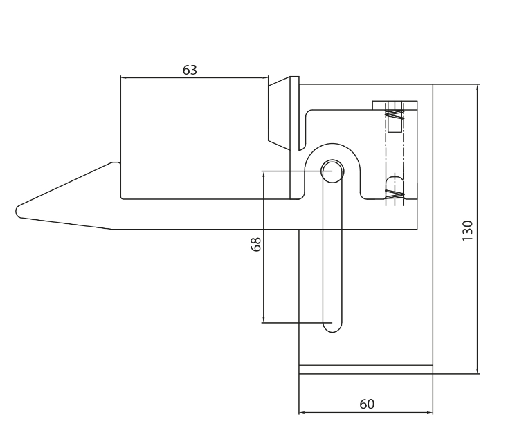 Rysunek techniczny widoku bocznego mechanizmu zaciskowego o wysokości 130 mm i szerokości 60 mm, z wysuniętym ramieniem o długości 63 mm oraz osią obrotu zaznaczoną na wysokości 68 mm od podstawy.