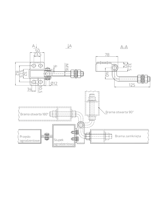 Zawias regulowany M16, gięty, 180°/ L - 125 mm