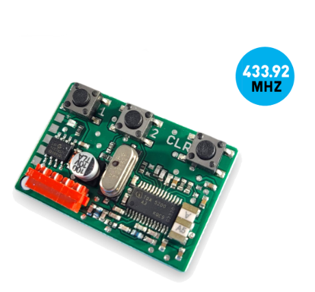 Zielona płytka elektroniczna z trzema czarnymi przyciskami, elementami elektronicznymi i napisem '433.92 MHZ' wskazującym na częstotliwość pracy modułu radiowego do sterowania bramą.