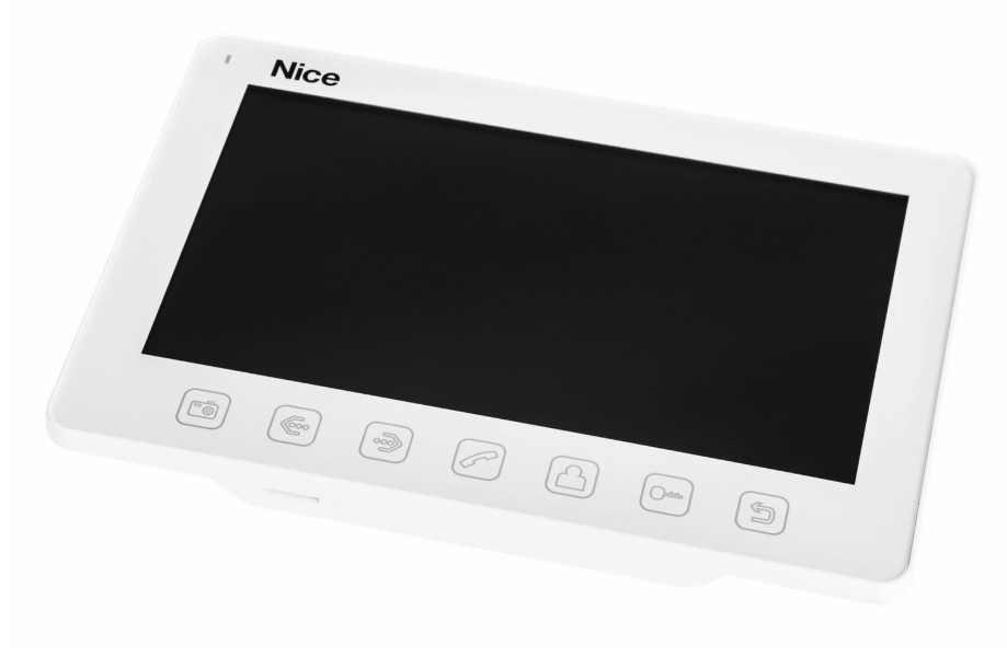 Urządzenie w postaci białego panelu z ekranem dotykowym i sześcioma ikonami funkcyjnymi na dole, oznaczone logo 'Nice'. Panel jest prostokątny, z dużym czarnym wyświetlaczem i ikonami symbolizującymi kamerę, karty, telefon oraz klucze.